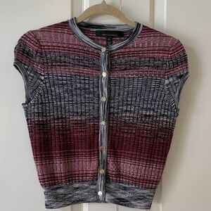 White House Black Market Striped Ribbed Cap-Sleeve Crew Cardigan - Maroon, Gray